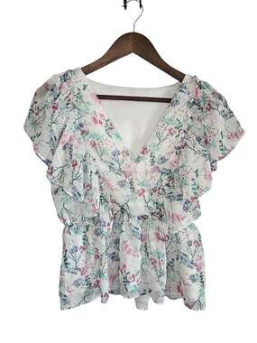 Pink Lily White Floral Ruffle Peplum Blouse – Size M